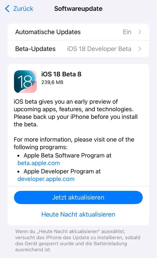 吉利苹果手机维修分享苹果 iOS / iPadOS 18 开发者预览版 Beta 8 发布 